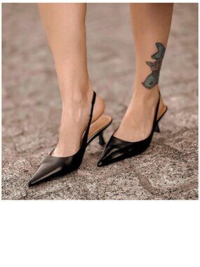 FSJ Black Kitten Heel Slingback Sandals Pointy Toe Sexy Pumps Party Shoes